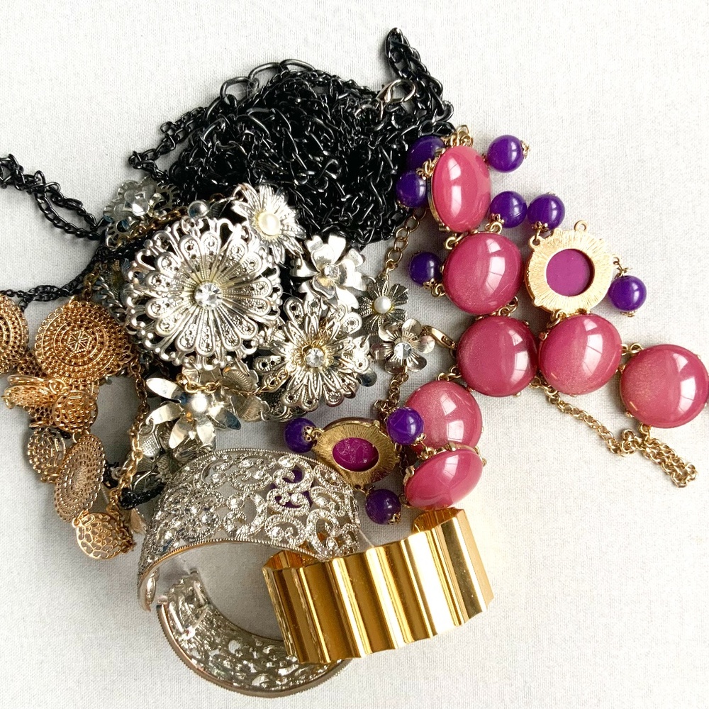 BUNDLE MIXED LOT OF 5 XL FASHION JEWELRY SCRAP NECKLACES & BRACELETS CRAFTING